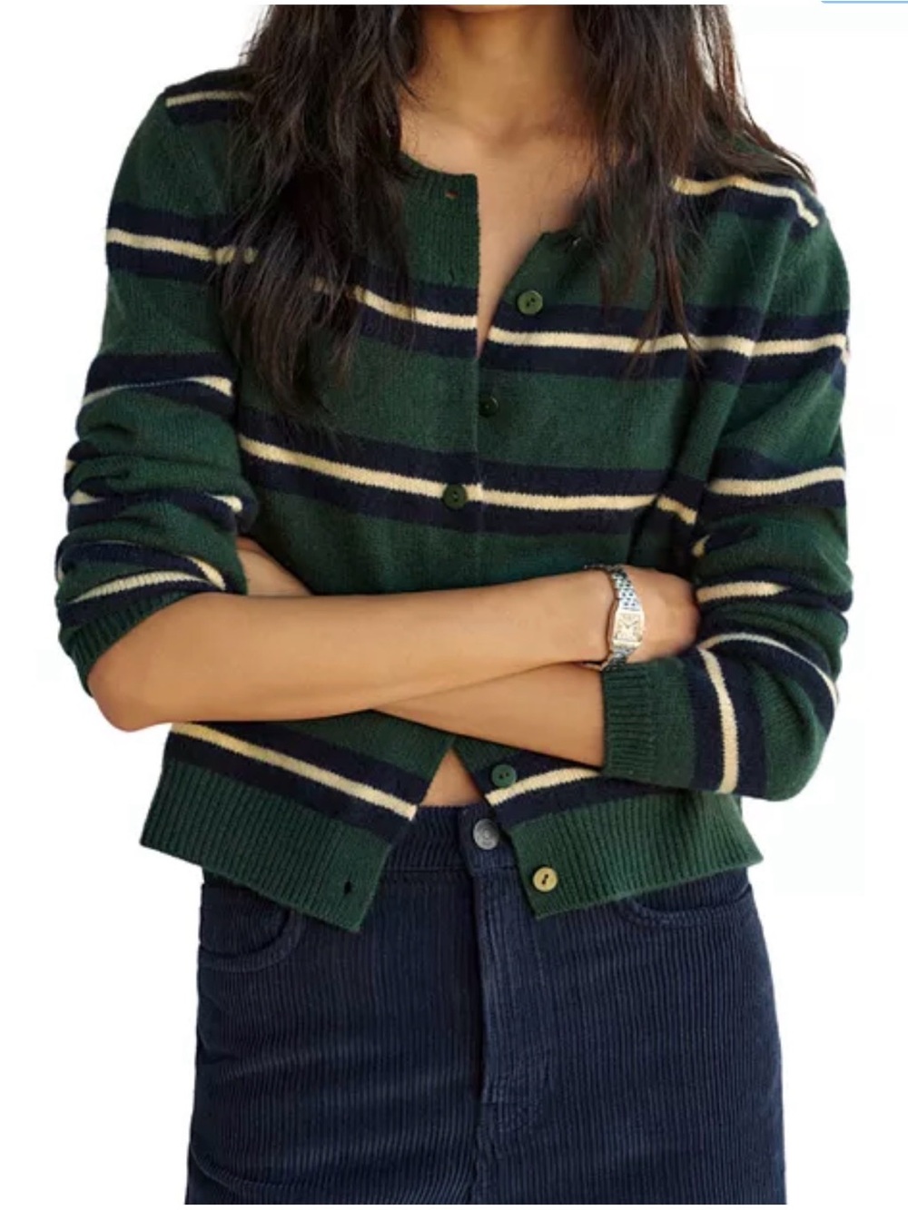 Reformation Clara Cashmere Crew Cardigan- seasonal
— dark pine multi stripe